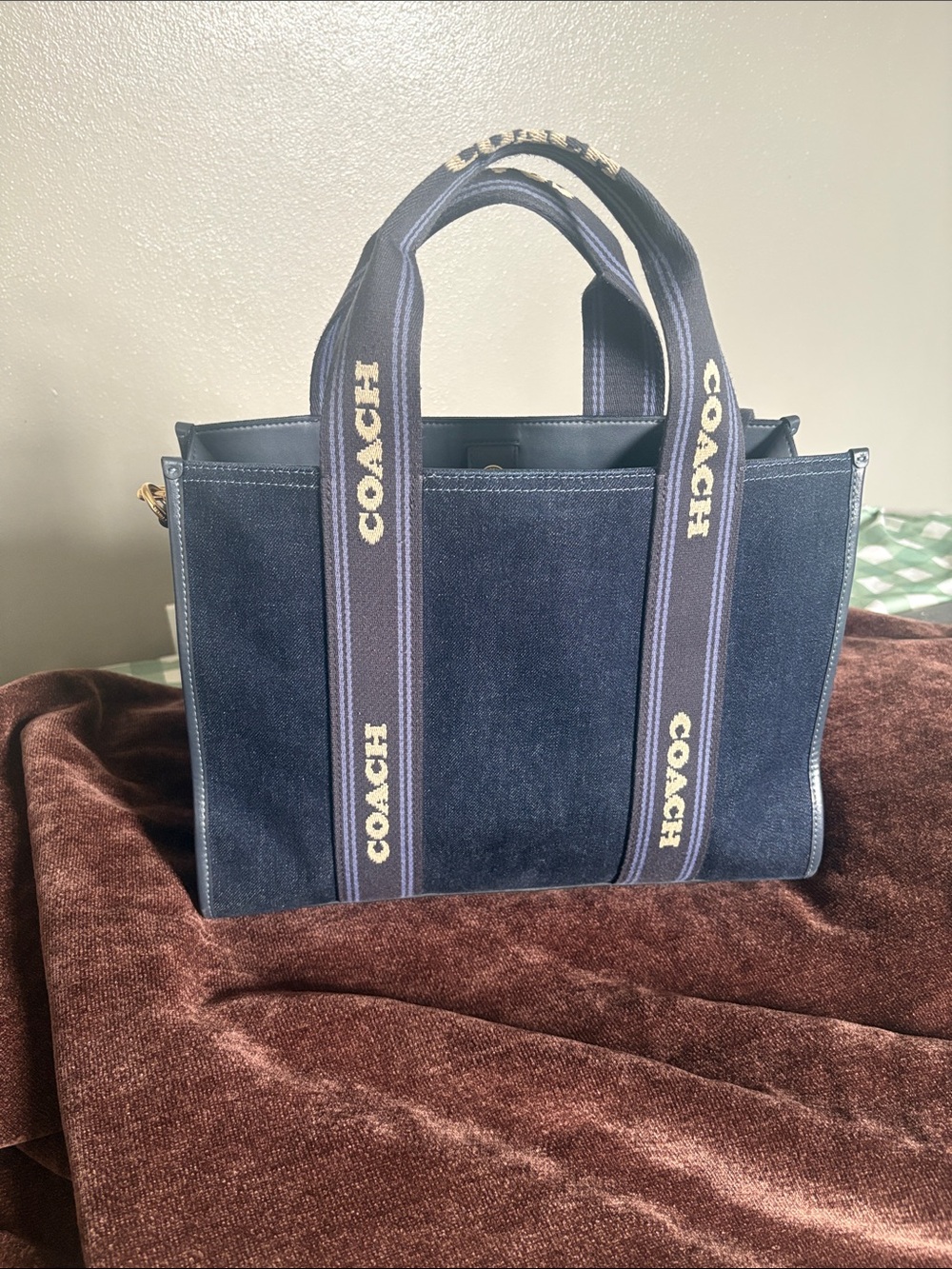 NWT COACH SMITH DENIM Canvas Messenger Tote with Branded Webbing Straps.